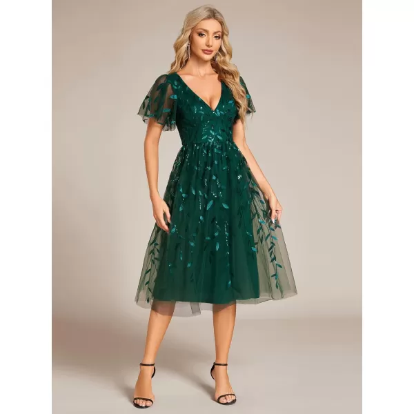 imageEverPretty Womens Elegant A Line Embroidery Tulle Sequins Short Sleeves Midi Wedding Guest Dress 02230Dark Green