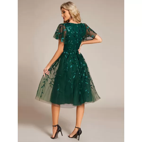 imageEverPretty Womens Elegant A Line Embroidery Tulle Sequins Short Sleeves Midi Wedding Guest Dress 02230Dark Green