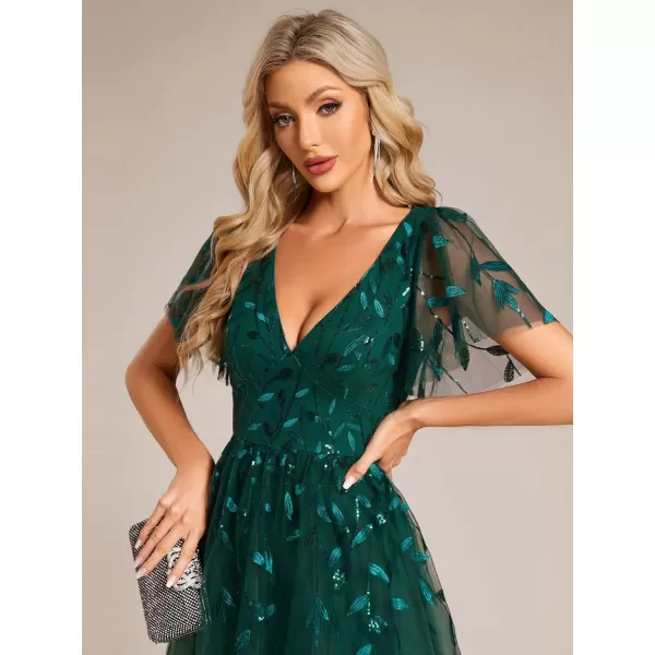 imageEverPretty Womens Elegant A Line Embroidery Tulle Sequins Short Sleeves Midi Wedding Guest Dress 02230Dark Green