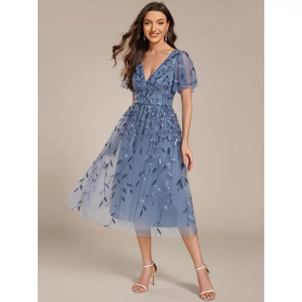 imageEverPretty Womens Elegant A Line Embroidery Tulle Sequins Short Sleeves Midi Wedding Guest Dress 02230Dusty Blue