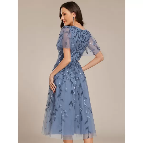 imageEverPretty Womens Elegant A Line Embroidery Tulle Sequins Short Sleeves Midi Wedding Guest Dress 02230Dusty Blue