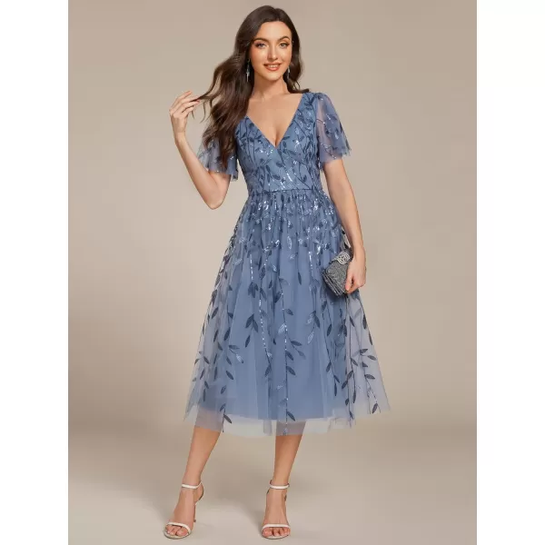 imageEverPretty Womens Elegant A Line Embroidery Tulle Sequins Short Sleeves Midi Wedding Guest Dress 02230Dusty Blue