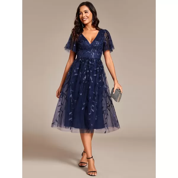 imageEverPretty Womens Elegant A Line Embroidery Tulle Sequins Short Sleeves Midi Wedding Guest Dress 02230Navyblue