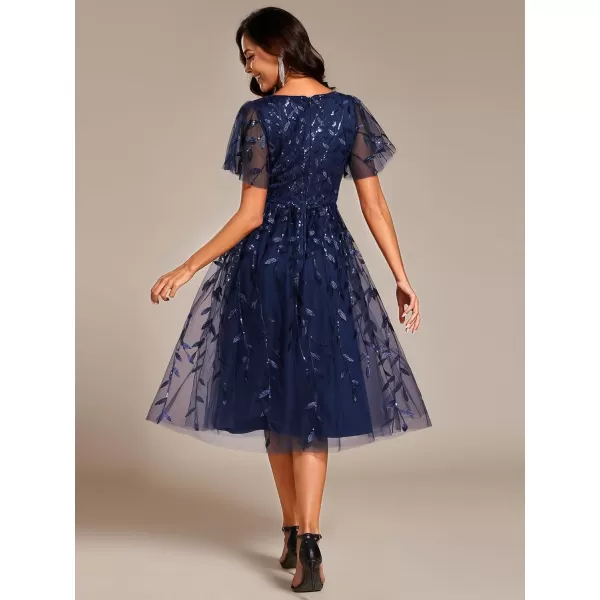 imageEverPretty Womens Elegant A Line Embroidery Tulle Sequins Short Sleeves Midi Wedding Guest Dress 02230Navyblue