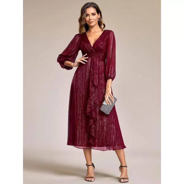 imageEverPretty Womens Elegant A Line Ruched V Neck Long Sleeves TeaLength Wedding Guest Dresses 01977Burgundy