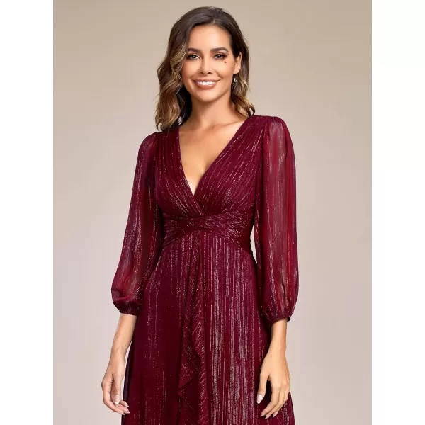 imageEverPretty Womens Elegant A Line Ruched V Neck Long Sleeves TeaLength Wedding Guest Dresses 01977Burgundy