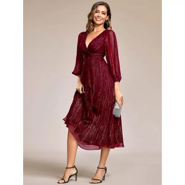 imageEverPretty Womens Elegant A Line Ruched V Neck Long Sleeves TeaLength Wedding Guest Dresses 01977Burgundy