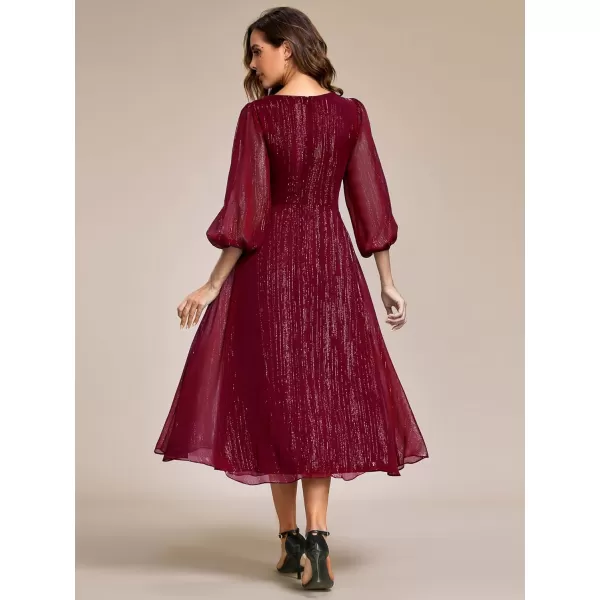 imageEverPretty Womens Elegant A Line Ruched V Neck Long Sleeves TeaLength Wedding Guest Dresses 01977Burgundy