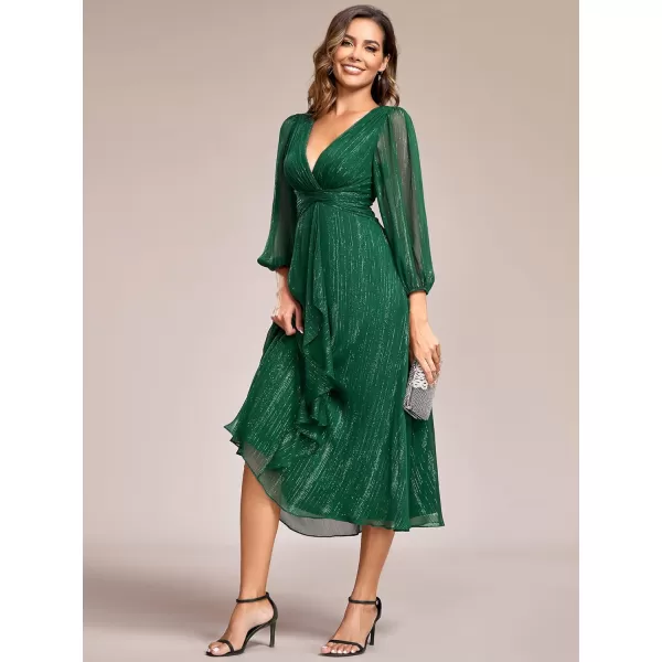 imageEverPretty Womens Elegant A Line Ruched V Neck Long Sleeves TeaLength Wedding Guest Dresses 01977Dark Green