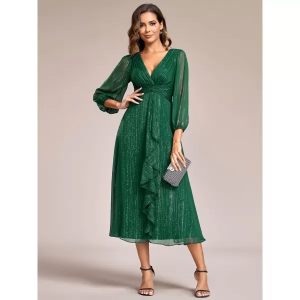 imageEverPretty Womens Elegant A Line Ruched V Neck Long Sleeves TeaLength Wedding Guest Dresses 01977Dark Green