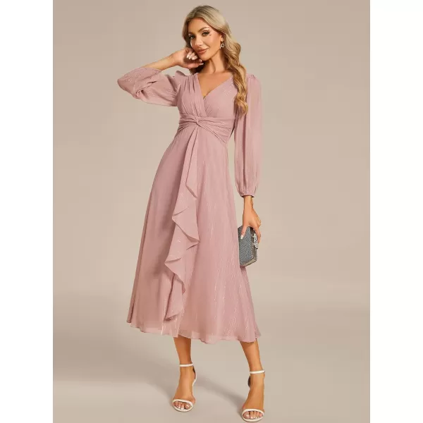 imageEverPretty Womens Elegant A Line Ruched V Neck Long Sleeves TeaLength Wedding Guest Dresses 01977Dusty Rose