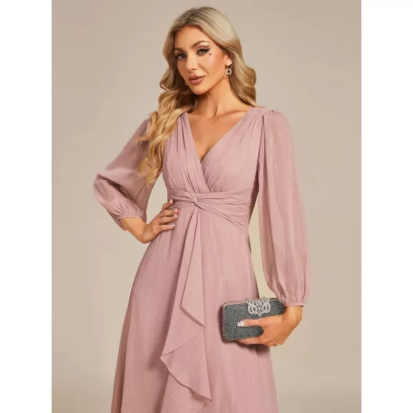 imageEverPretty Womens Elegant A Line Ruched V Neck Long Sleeves TeaLength Wedding Guest Dresses 01977Dusty Rose