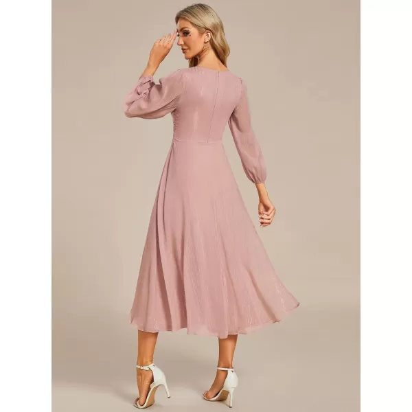 imageEverPretty Womens Elegant A Line Ruched V Neck Long Sleeves TeaLength Wedding Guest Dresses 01977Dusty Rose