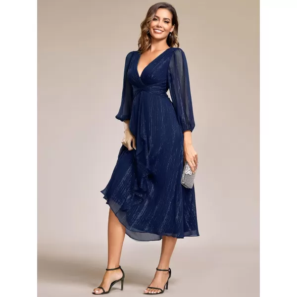 imageEverPretty Womens Elegant A Line Ruched V Neck Long Sleeves TeaLength Wedding Guest Dresses 01977Navy Blue