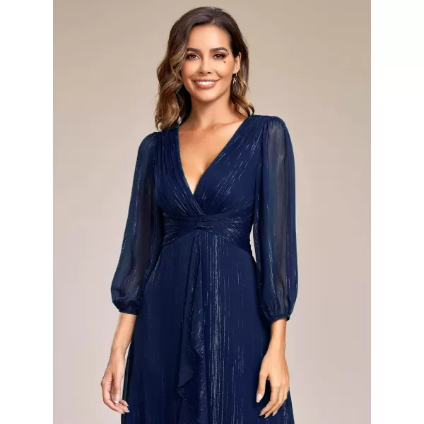 imageEverPretty Womens Elegant A Line Ruched V Neck Long Sleeves TeaLength Wedding Guest Dresses 01977Navy Blue