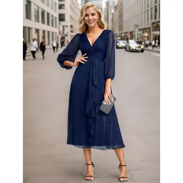 imageEverPretty Womens Elegant A Line Ruched V Neck Long Sleeves TeaLength Wedding Guest Dresses 01977Navy Blue