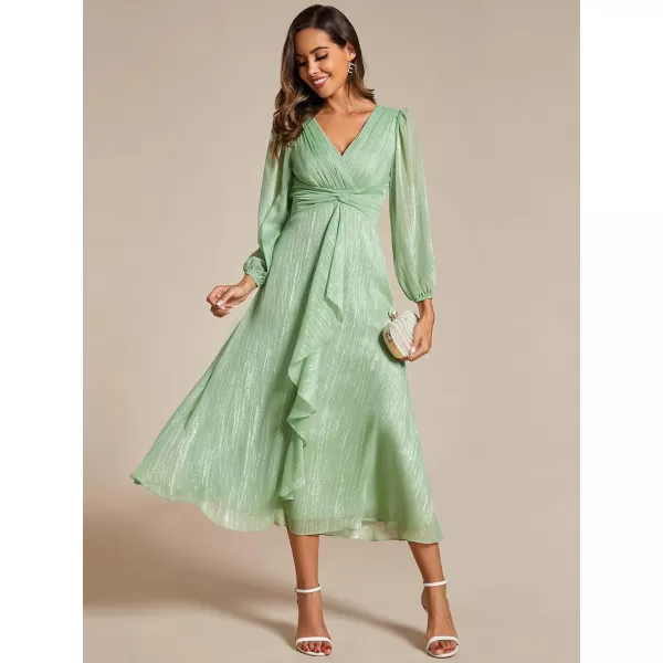 imageEverPretty Womens Elegant A Line Ruched V Neck Long Sleeves TeaLength Wedding Guest Dresses 01977Summer Green