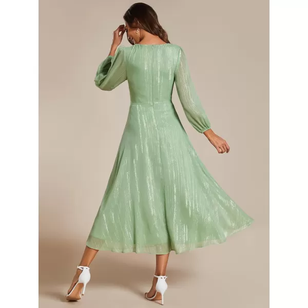 imageEverPretty Womens Elegant A Line Ruched V Neck Long Sleeves TeaLength Wedding Guest Dresses 01977Summer Green