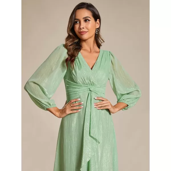 imageEverPretty Womens Elegant A Line Ruched V Neck Long Sleeves TeaLength Wedding Guest Dresses 01977Summer Green