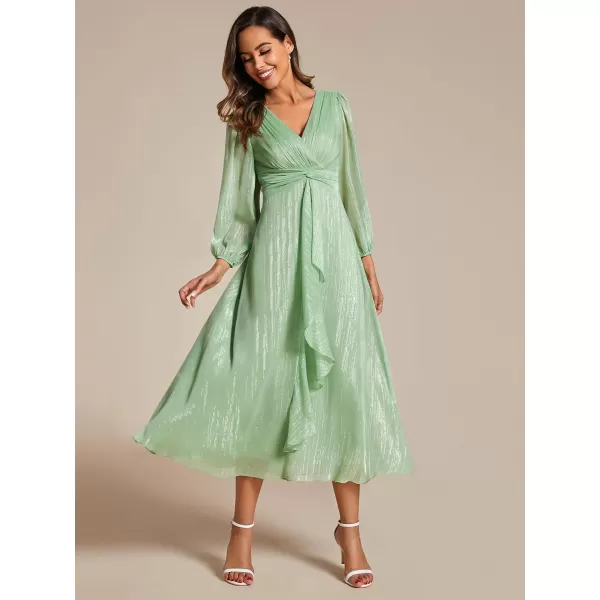 imageEverPretty Womens Elegant A Line Ruched V Neck Long Sleeves TeaLength Wedding Guest Dresses 01977Summer Green