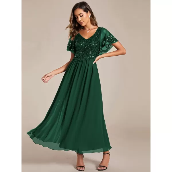 imageEverPretty Womens Formal Dress VNeck Sequin Applique Ruffles Sleeves Backless ALine Evening Dresses 01583Dark Green