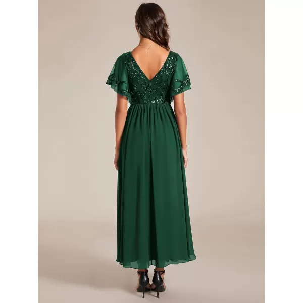 imageEverPretty Womens Formal Dress VNeck Sequin Applique Ruffles Sleeves Backless ALine Evening Dresses 01583Dark Green