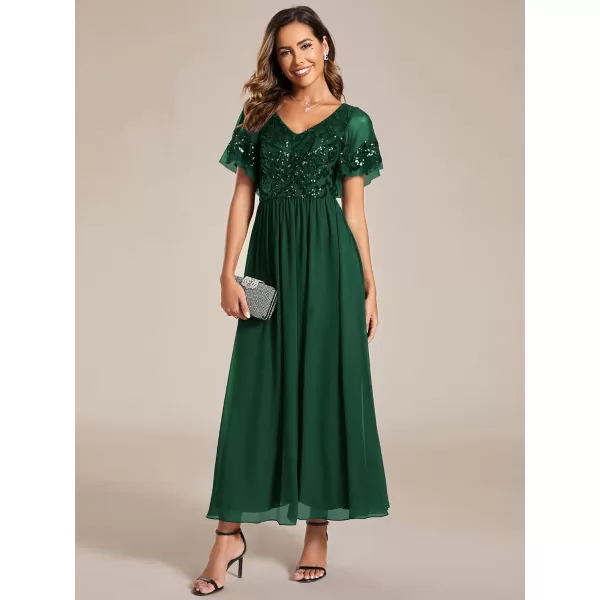 imageEverPretty Womens Formal Dress VNeck Sequin Applique Ruffles Sleeves Backless ALine Evening Dresses 01583Dark Green