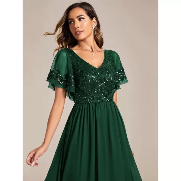 imageEverPretty Womens Formal Dress VNeck Sequin Applique Ruffles Sleeves Backless ALine Evening Dresses 01583Dark Green