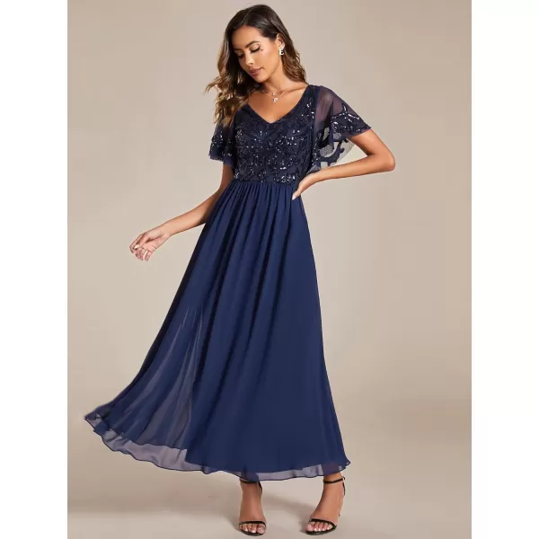 imageEverPretty Womens Formal Dress VNeck Sequin Applique Ruffles Sleeves Backless ALine Evening Dresses 01583Navy Blue