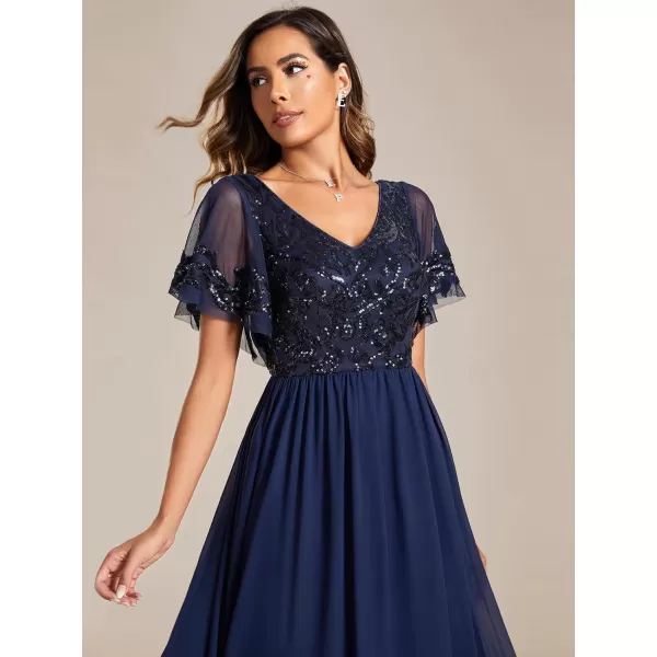 imageEverPretty Womens Formal Dress VNeck Sequin Applique Ruffles Sleeves Backless ALine Evening Dresses 01583Navy Blue