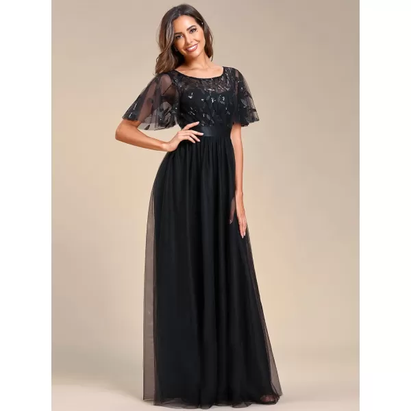 imageEverPretty Womens Formal Dresses Crew Neck Sequin Ruffle Sleeve Empire Waist Beaded Long Evening Dresses 00904Black