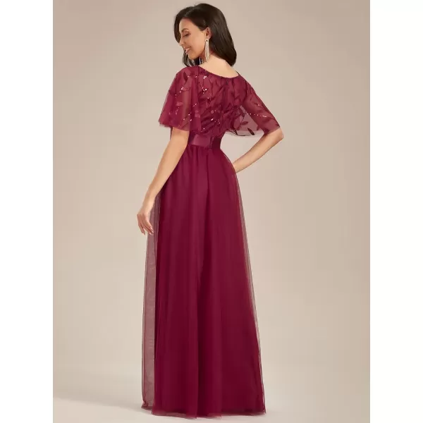 imageEverPretty Womens Formal Dresses Crew Neck Sequin Ruffle Sleeve Empire Waist Beaded Long Evening Dresses 00904Burgundy