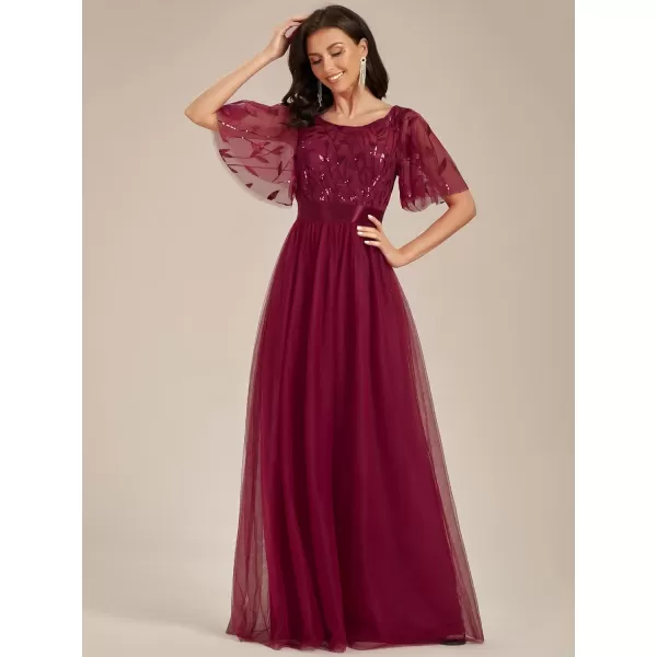 imageEverPretty Womens Formal Dresses Crew Neck Sequin Ruffle Sleeve Empire Waist Beaded Long Evening Dresses 00904Burgundy