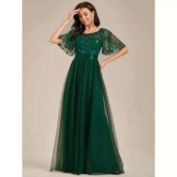 imageEverPretty Womens Formal Dresses Crew Neck Sequin Ruffle Sleeve Empire Waist Beaded Long Evening Dresses 00904Green