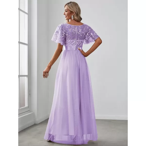 imageEverPretty Womens Formal Dresses Crew Neck Sequin Ruffle Sleeve Empire Waist Beaded Long Evening Dresses 00904Lavender