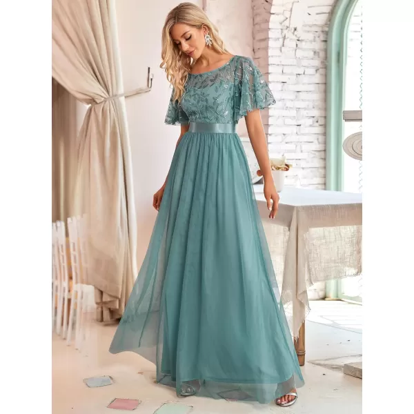 imageEverPretty Womens Formal Dresses Crew Neck Sequin Ruffle Sleeve Empire Waist Beaded Long Evening Dresses 00904Mint