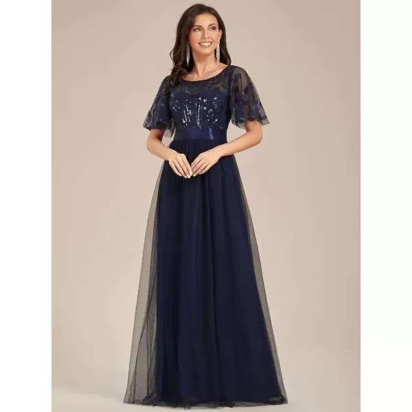 imageEverPretty Womens Formal Dresses Crew Neck Sequin Ruffle Sleeve Empire Waist Beaded Long Evening Dresses 00904Navy