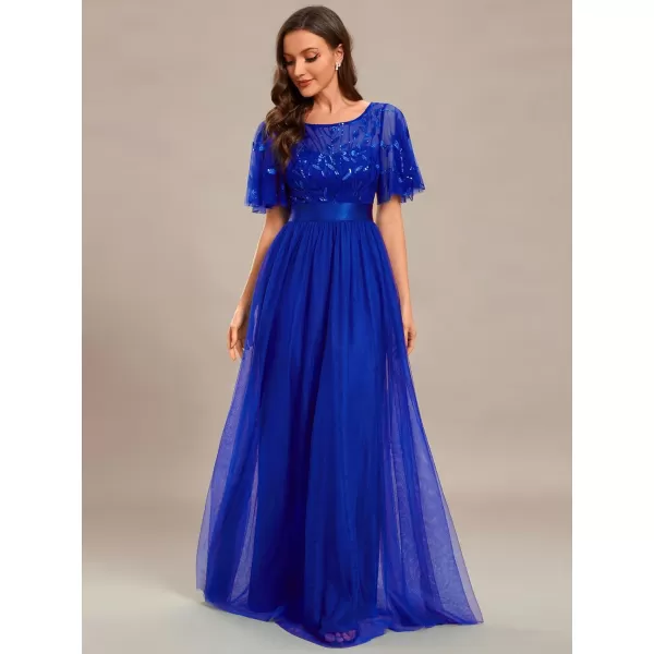 imageEverPretty Womens Formal Dresses Crew Neck Sequin Ruffle Sleeve Empire Waist Beaded Long Evening Dresses 00904Royal Blue