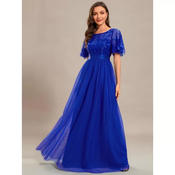 imageEverPretty Womens Formal Dresses Crew Neck Sequin Ruffle Sleeve Empire Waist Beaded Long Evening Dresses 00904Royal Blue