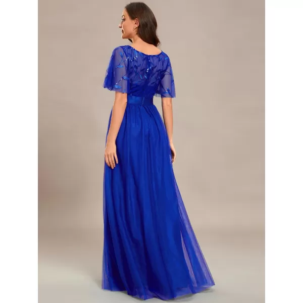 imageEverPretty Womens Formal Dresses Crew Neck Sequin Ruffle Sleeve Empire Waist Beaded Long Evening Dresses 00904Royal Blue