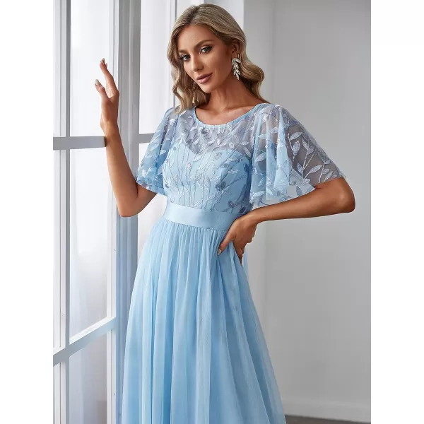 imageEverPretty Womens Formal Dresses Crew Neck Sequin Ruffle Sleeve Empire Waist Beaded Long Evening Dresses 00904Sky Blue