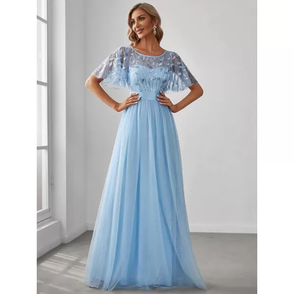 imageEverPretty Womens Formal Dresses Crew Neck Sequin Ruffle Sleeve Empire Waist Beaded Long Evening Dresses 00904Sky Blue