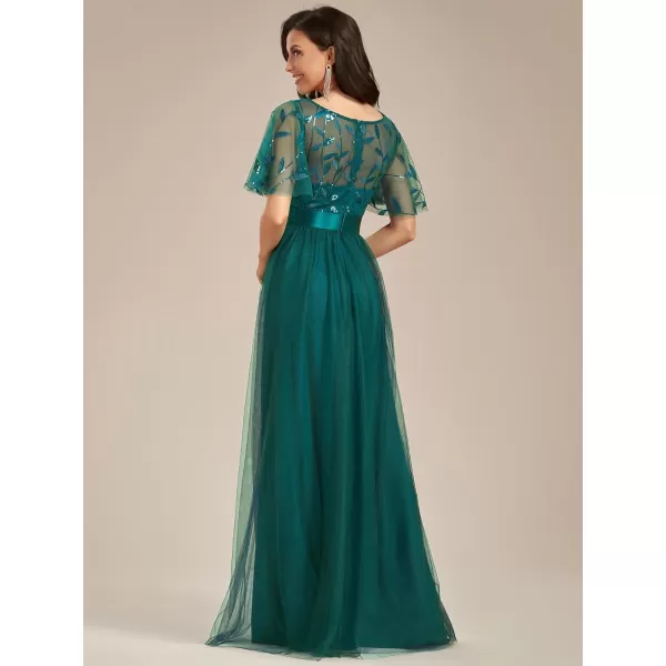 imageEverPretty Womens Formal Dresses Crew Neck Sequin Ruffle Sleeve Empire Waist Beaded Long Evening Dresses 00904Teal