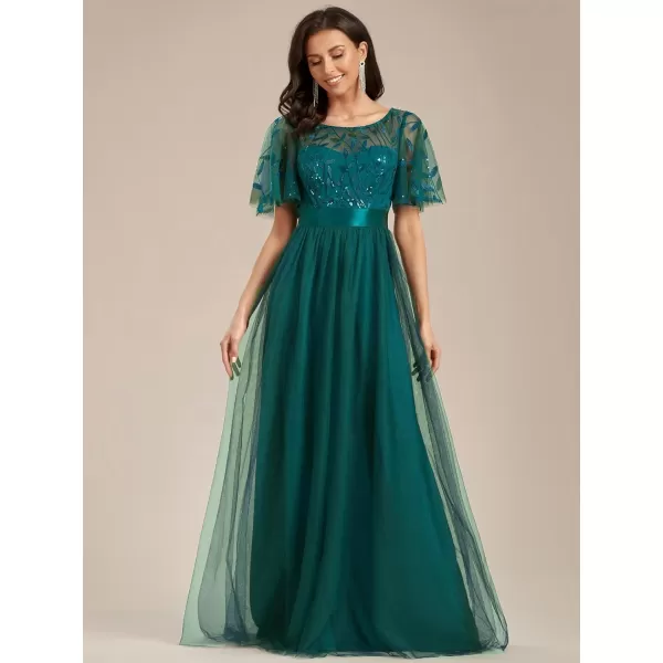 imageEverPretty Womens Formal Dresses Crew Neck Sequin Ruffle Sleeve Empire Waist Beaded Long Evening Dresses 00904Teal