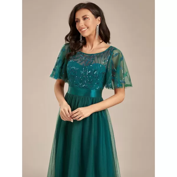 imageEverPretty Womens Formal Dresses Crew Neck Sequin Ruffle Sleeve Empire Waist Beaded Long Evening Dresses 00904Teal