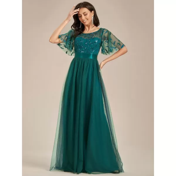 imageEverPretty Womens Formal Dresses Crew Neck Sequin Ruffle Sleeve Empire Waist Beaded Long Evening Dresses 00904Teal