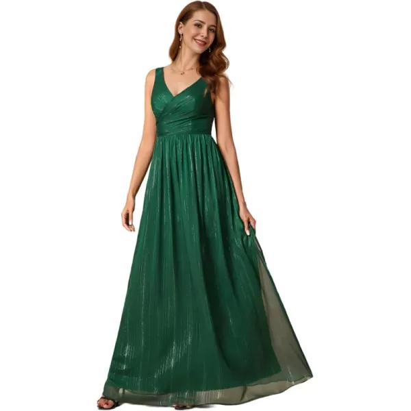 imageEverPretty Womens A Line Glitter Sleeveless Pleated V Neck Maxi Formal Dress 02096Dark Green