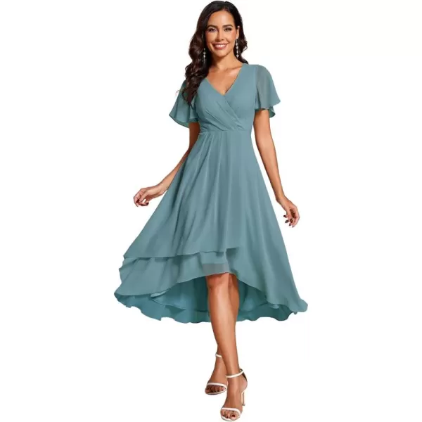 imageEverPretty Womens A Line V Neck Ruffle Sleeves Pleated High Low Formal Dresses 02084Dusty Blue