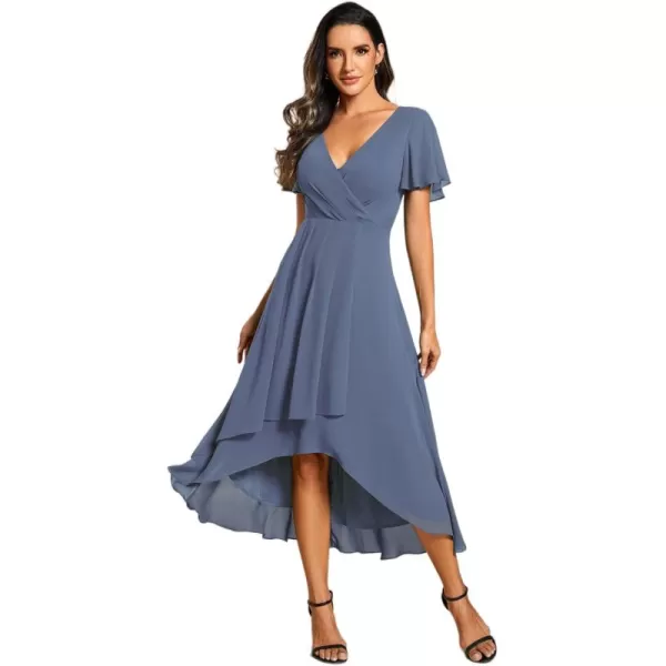 imageEverPretty Womens A Line V Neck Ruffle Sleeves Pleated High Low Formal Dresses 02084Dusty Navy