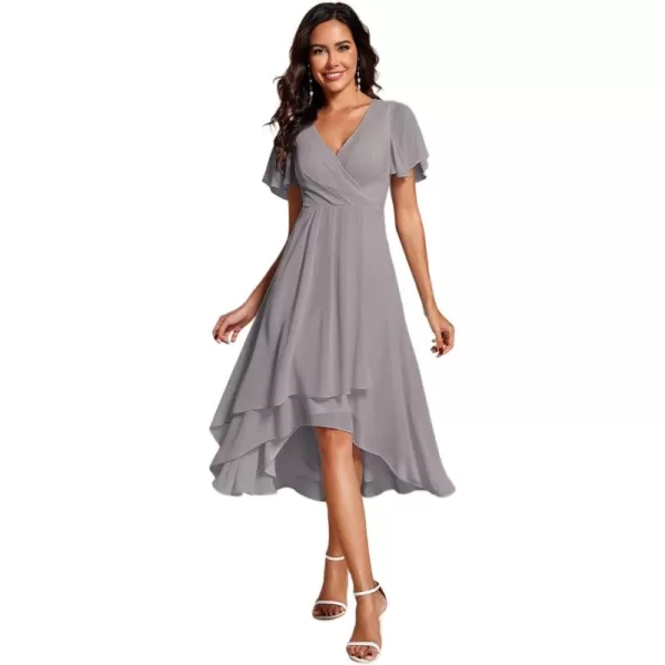 imageEverPretty Womens A Line V Neck Ruffle Sleeves Pleated High Low Formal Dresses 02084Grey